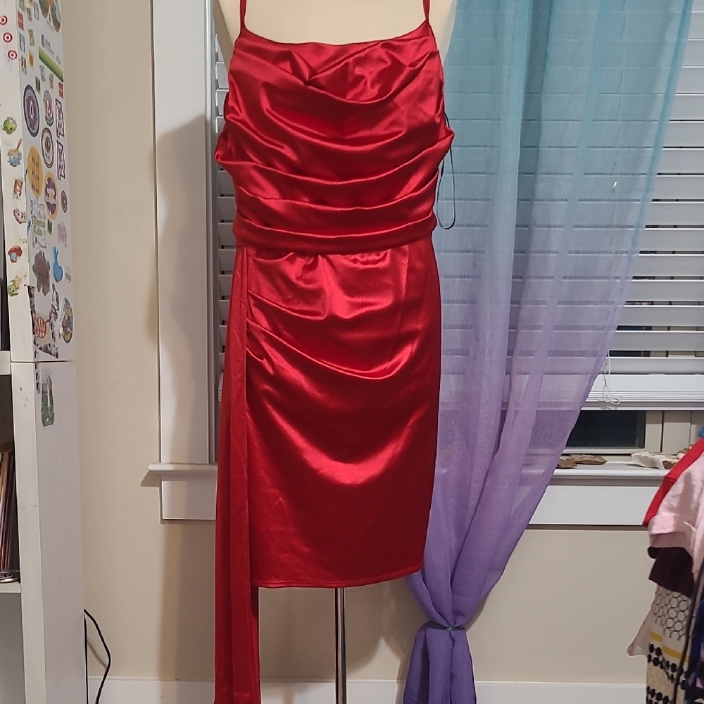 B Darlin Red Ruched Asymmetrical Slip Dress